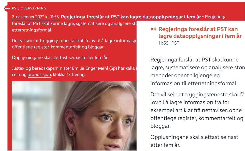 Skjermbilder fra NRK.no som sier at dataopplysninger må slettes senest etter fem år.