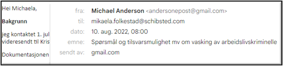 Epost med spørsmål til Mikaela Folkestad. Kilde: Krimnett