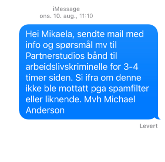 SMS med ubesvarte spørsmål til Mikaela Folkestad. Bilde: Krimnett